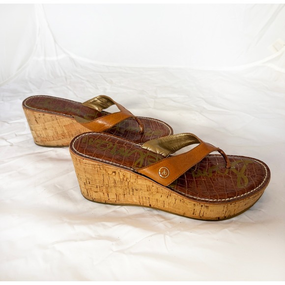 Sam Edelman Cognac Brown Crocodile Embossed Wedge Thong Sandals‎ Cork Size 7.5 - Picture 3 of 4